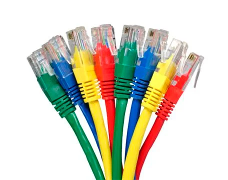 Bunch of Multi colored ethernet network plugs on white background Stock Photos