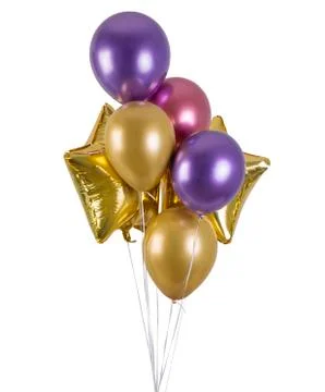 A bunch of multi-colored metallized balloons and golden stars Stock Photos
