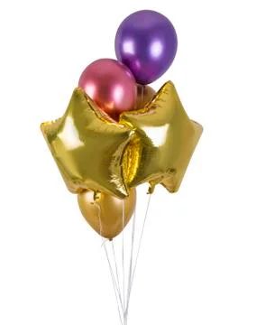 A bunch of multi-colored metallized balloons and golden stars Stock Photos