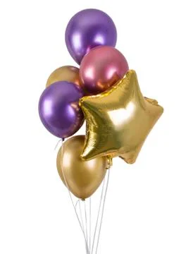 A bunch of multi-colored metallized balloons and golden star Stock Photos