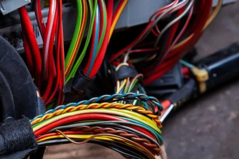 A bunch of multi-colored wires connecting various electronic systems for tran Foto stock