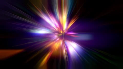 A bunch of multicolored neon rays rotates on a dark background Video stock 254659136