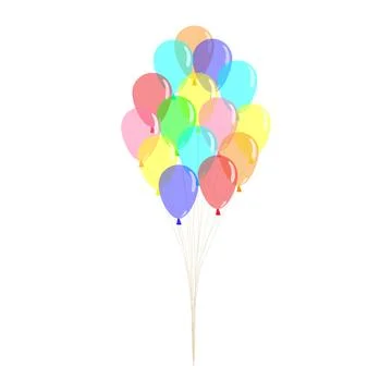 A bunch of multicolored oval helium balloons tied with a string. White backg Stock Illustration