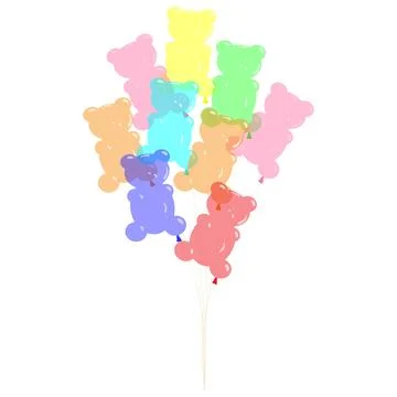 A bunch of multicolored, oval, helium balloons in the shape of bears, tied w Stock Illustration