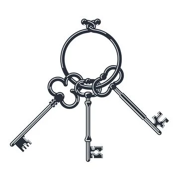 Bunch of old keys, antique key on ring for vintage locks, vector Stock Illustration