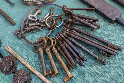 Bunch of old keys, rusty keys, vintage keys Stock Photos