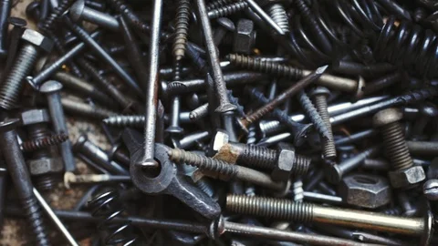 Bunch of old nuts bolts and nails Stock Footage 83915422