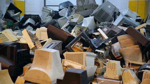 A bunch of old plastic cases from office monitors with kinescopes.  Stock Footage 219653055