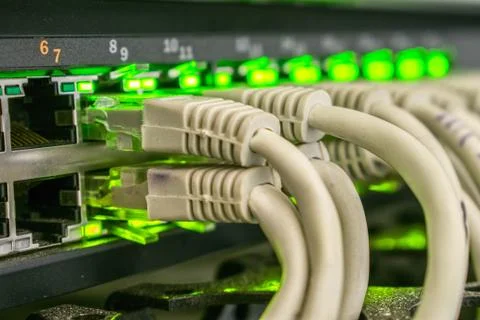 Bunch of patchcords are connected to a managed switch.  Network wires are inc 库存照片