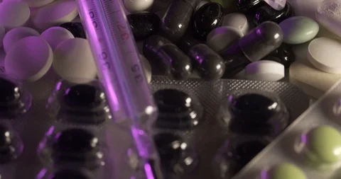 Bunch of pills and different mercury glass fever thermometers. Stock Footage 125963674