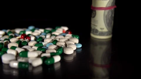 A bunch of pills on a black background Stock Footage 115777776