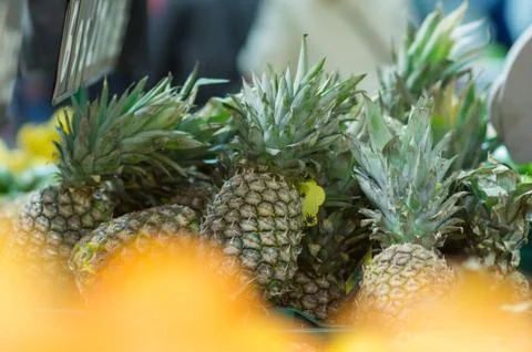 Bunch of pineapples in boxes in supermarket Stock Photos