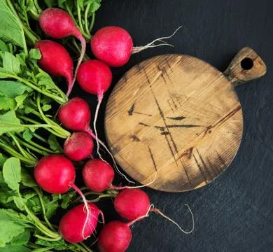 Bunch of radish with empty board Stock Photos