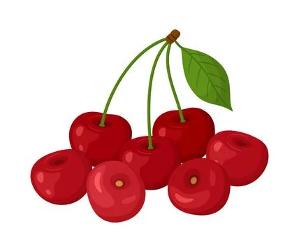 Bunch of red cherries with green stems and leaf. Hand drawn trendy flat sty.. Illustrazione stock