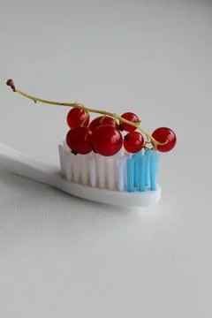 Bunch of red currant berries on a toothbrush isolated on white Stock Photos