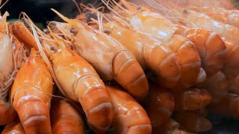 Bunch of Red Fresh Cooked King Shrimps with Steam in the Restaurant Stock Footage 127296169