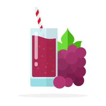 A bunch of red grapes and grape juice in a glass with straws flat isolated Stock Illustration