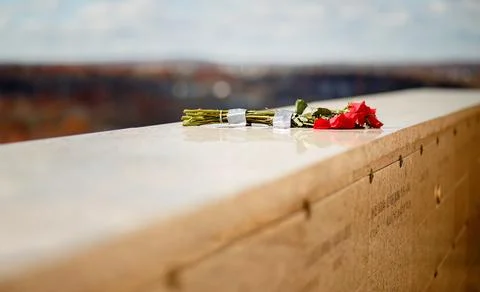 Bunch of red roses placed on marble stone wall at memorial tomb of mausoleum Stock Photos