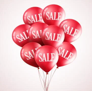Bunch of red vector balloons with sale text flying up in white background Stock Illustration