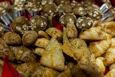 A bunch of sampling size pastries offered at a cocktail buffet in a party. Th Stock Photos