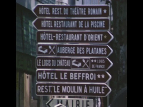 Bunch of signposts in Vaison La Romaine, France, 1978 Stock Footage 76582890