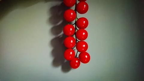 A Bunch Of Small Cherry Tomatoes Against A Gray Wall Background. Stylized Pho Stock Photos