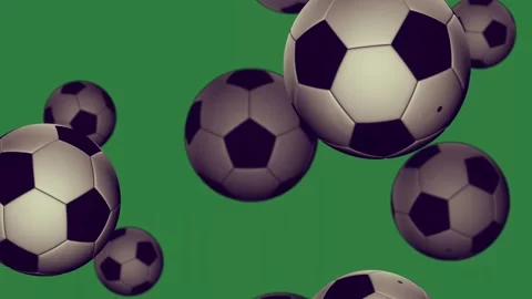A bunch of soccer balls on green background and flying in the air isolated on Stock Footage 336855513
