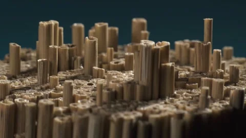 Bunch of straw looking like a modern city with skyscrapers. Macro shot. Stock Footage 293926097