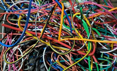A bunch of thin wires, tangled colored wires, intertwined with each other Stock Photos