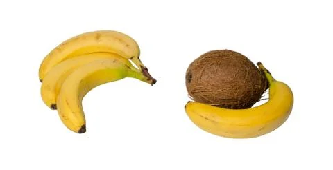 Bunch of three bananas and cocoanut isolated on white background. Stock Photos
