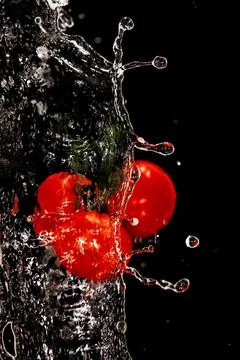 A bunch of three red ripe tomatoes behind a water splash on a black background Stock Photos