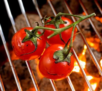 Bunch of tomatoes roasting over a fire Stock Photos