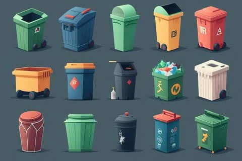 A bunch of trash cans and trash cans on a gray background with a shadow ove.. Illustrazione stock
