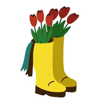 Bunch of tulips in yellow boots. Vector illustration Stock Illustration