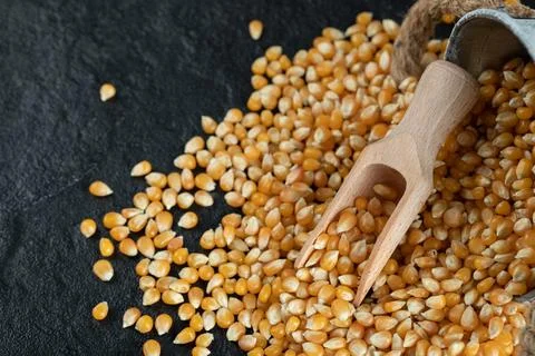 Bunch of uncooked corn grains on dark surface Stock Photos