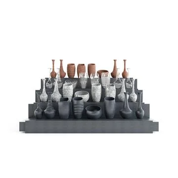 Bunch of vases on display on a table top on white background Illustrazione stock