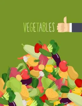 Bunch vegetables. Turnips and squash. Hand with the thumb up a favorable gest Stock Illustration