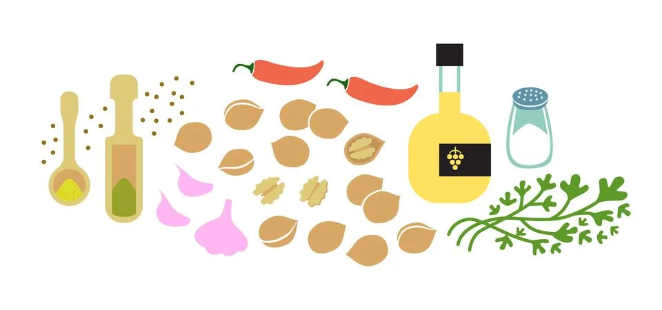 Bunch of walnuts and condiments for dip cooking. Stock Illustration