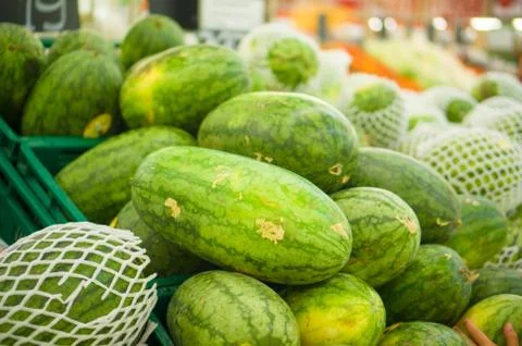 Bunch of watermelons on plastic boxes in store Stock Photos