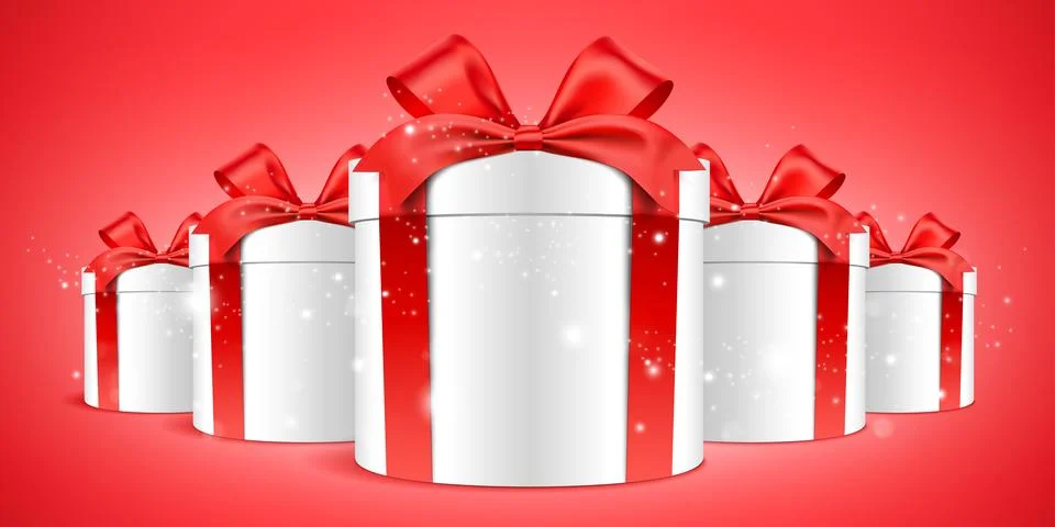 Bunch of white gift boxes with glitter flare on the red background, vector Stock Illustration