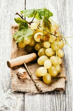Bunch of white grape in rustic setting Stock Photos