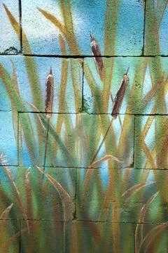 Bunch of wild cane reed painted on a wall Stock Illustration
