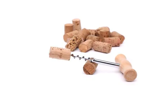 Bunch of wine corks and corkscrew Stock-Fotos