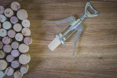 Bunch of wine corks with corkscrew with Copy space Stock Photos