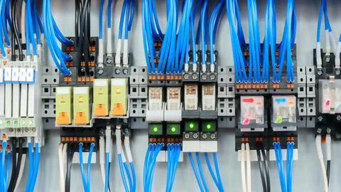 A bunch of wires are connected to a device. The wires are blue and white. The Foto stock