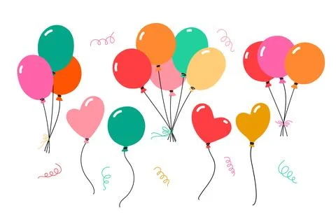 Bunches of balloons set. Vector hand drawn illustration. Various colorful bal Stock Illustration