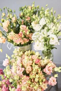 Bunches of flowers different varieties eustoma in vases. Lovely Vintage Foto stock