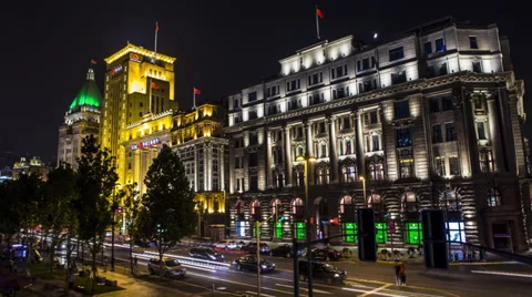 The Bund Time Lapse with traffic and flags Stock Footage 39646143