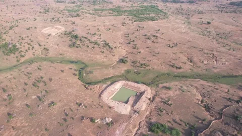 Bundelkhand-percolation-tank-small-stream-drone-orbit Stock Footage 342908914