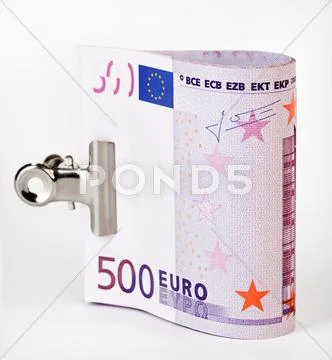 Bundle of 500 euro bank notes fasten with paper clip Stock Photos